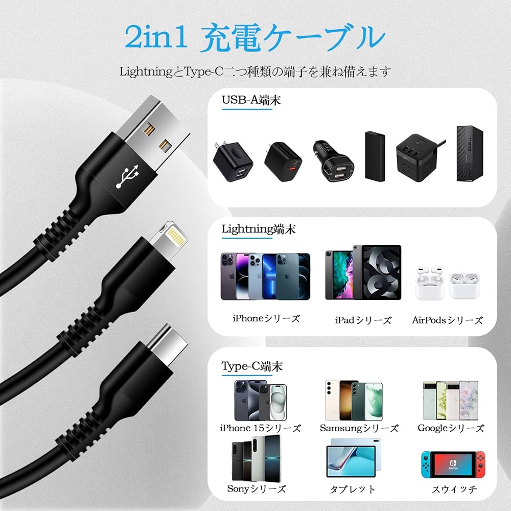 Amazon.co.jp: 2in1 充電ケーブル コイル状 ライトニング